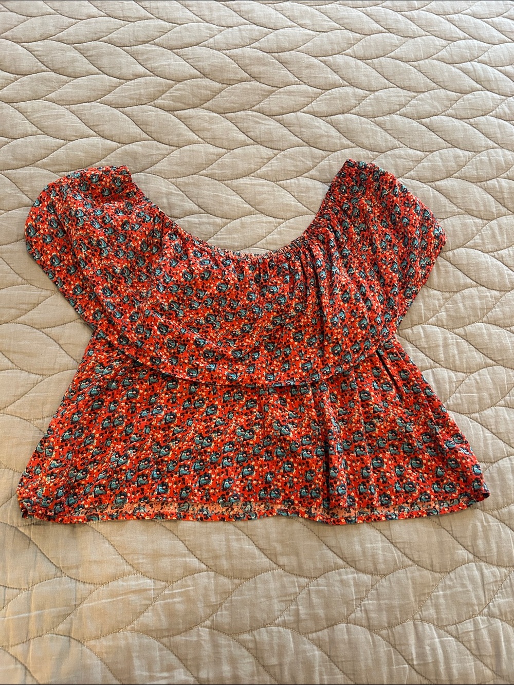 Mink Pink Red/Blue Pattern Off Shoulder Crop Top